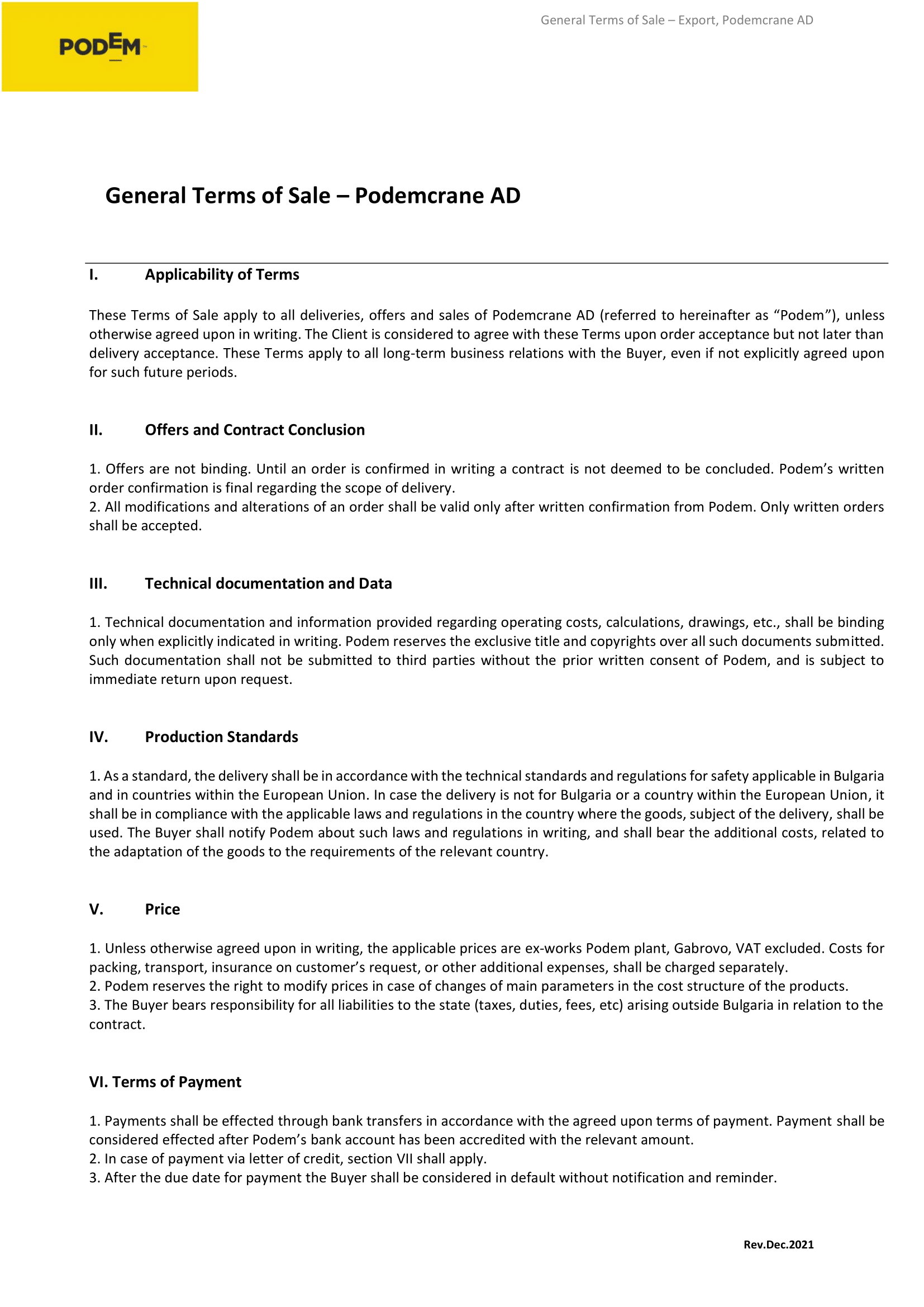 General Terms of Sale EN Podemcrane 2022